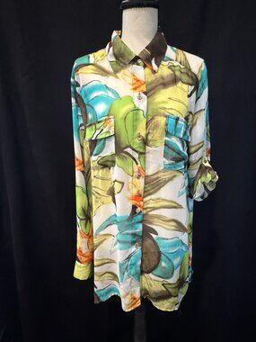Quintessential Watercolor Floral-Print Tunic Blouse, Size L